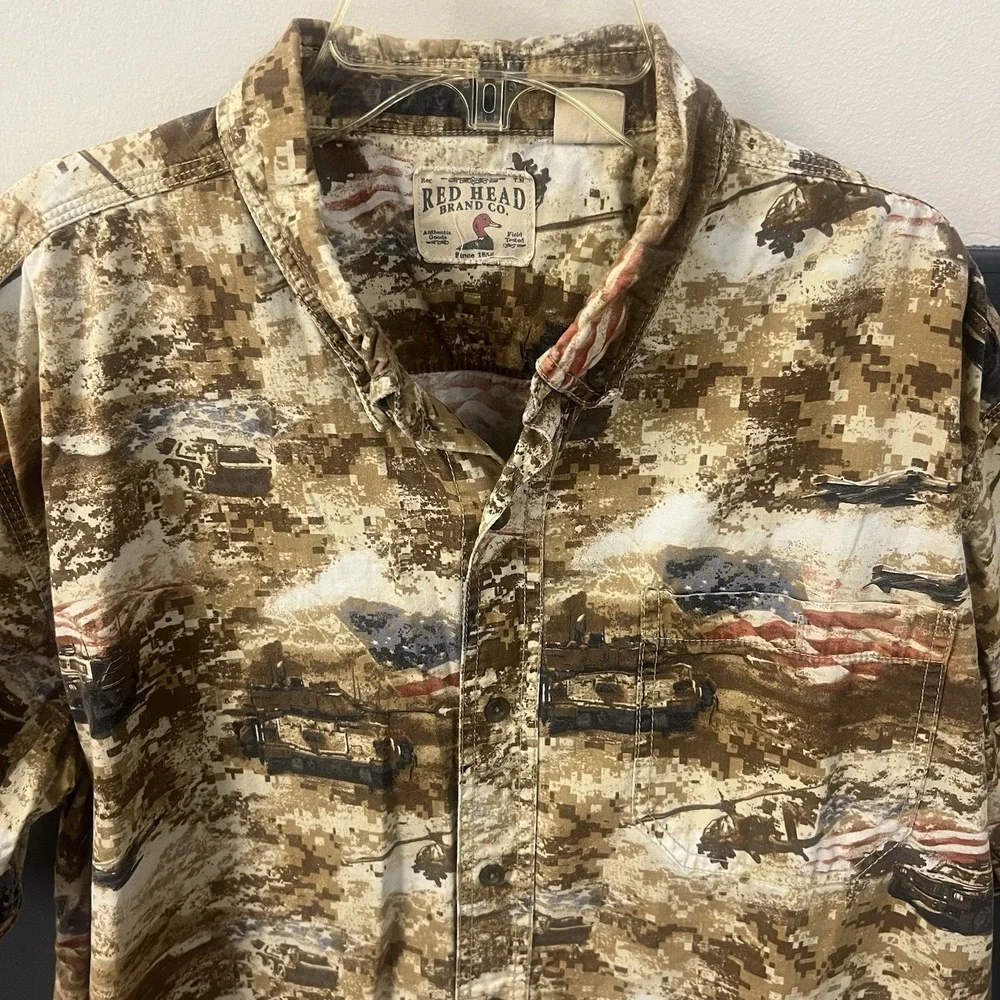 Red Head Brand Mens Desert Camo US Flag Tank Plane Patriotic Button‎ Shirt Sz XL